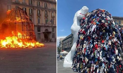 Incendian una escultura del artista italiano Michelangelo Pistoletto en Nápoles