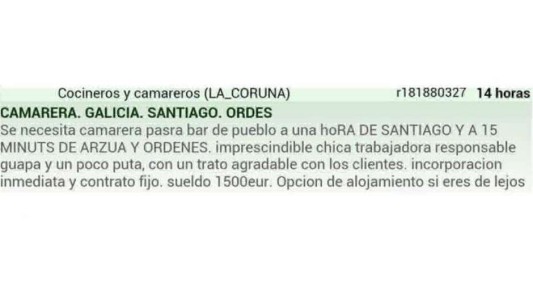 Indigna una oferta de trabajo machista publicada por un bar en España