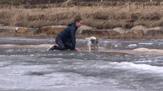 Un joven se tira en un lago helado para rescatar a su perrito de la muerte