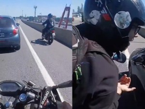 Pela de tránsito: encerró a motociclista contra la banquina en plena autopista