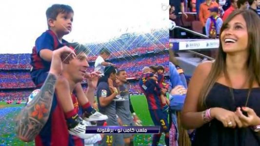 Las tiernas fotos de Lionel Messi, Antonella y Thiago en el festejo del Barcelona