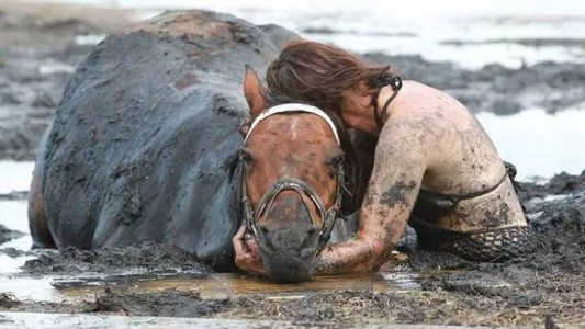 Una mujer pasó tres horas abrazada a su caballo mientras el animal se hundía en el barro