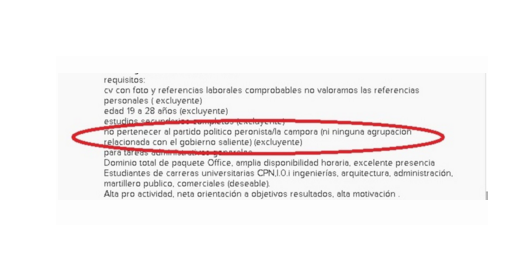 Aviso laboral pone como requisito exlcuyente "no pertenecer al peronismo o a La Cámpora"