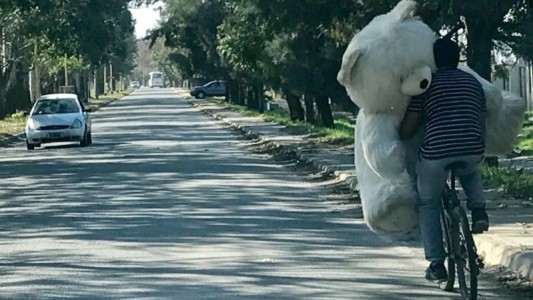 Llevó un oso de peluche gigante en bicicleta y la foto de viralizó en las redes