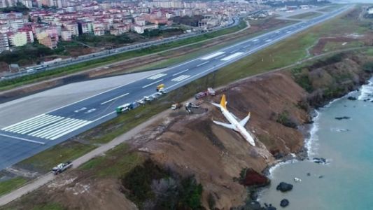 Videos: un avión con 162 pasajeros cayó por un acantilado y no hay heridos