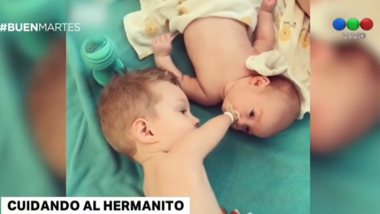 Un nene sin manos ni piernas ayuda a su hermanito bebé y conmueve a todos en las redes