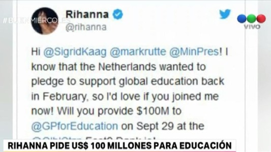 Rihanna pide a Holanda 100 millones de dólares para educación