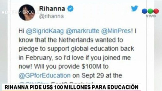 Rihanna pide a Holanda 100 millones de dólares para educación