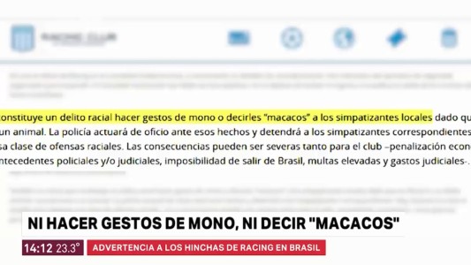 Racing advierte a sus hinchas: "Ni hacer gestos de monos, ni decir macacos"
