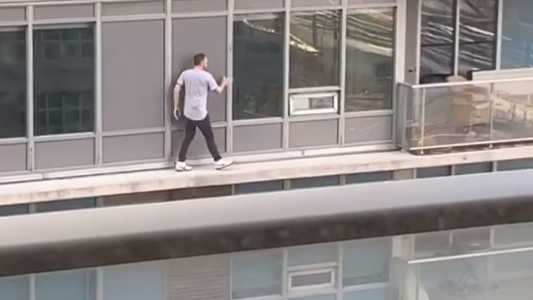 Se convirtió en héroe: caminó por la cornisa de su edificio para rescatar a su gato