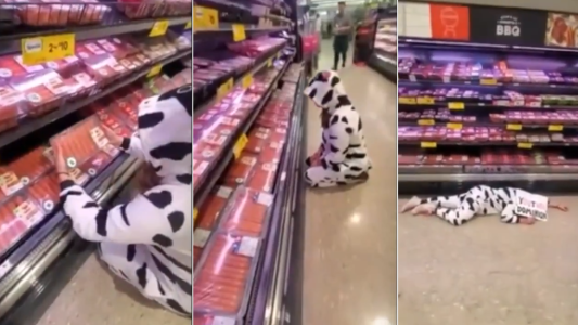 Una militante vegana se vistió de vaca, fue a un super y se puso a llorar frente a la góndola de la carne
