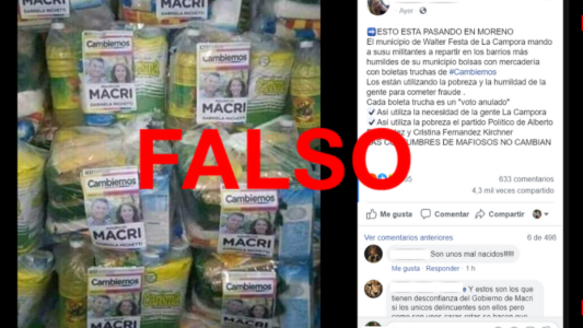 No, la municipalidad de Moreno no está repartiendo bolsones de comida con boletas truchas de Cambiemos