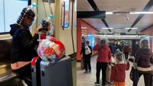 Coronavirus: a falta de barbijos, los chinos usan botellas de plástico en la cabeza