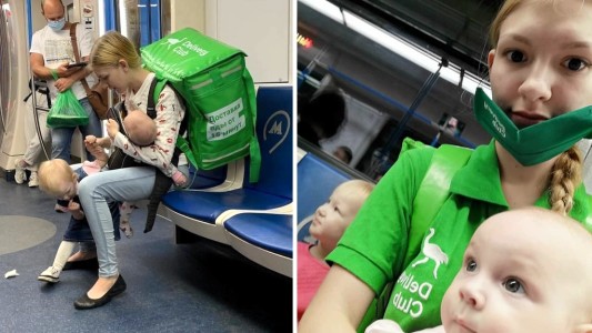 Las fotos virales de una joven que trabaja en una app de delivery y lleva a sus pequeños hijos