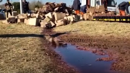 Volcó un camión con miles de litros de vino tinto: la Policía custodió la zona para que los vecinos no se roben bebida