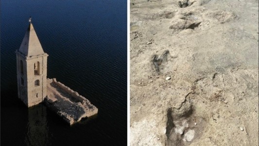 Por la sequía, quedan al descubierto huellas de dinosaurio y una iglesia