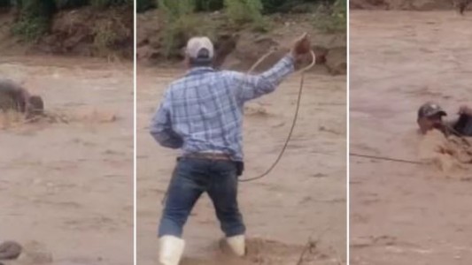 Rescate al estilo lejano Oeste: atrapó con un lazo a un hombre que era arrastrado por la corriente de un río