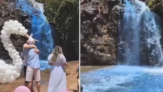 Insólito: Tiñeron de azul una cascada de agua potable para revelar el sexo de su bebé