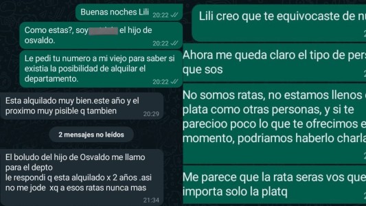 "A estos ratas nunca más": le consultaron por su departamento en alquiler y se confundió de chat
