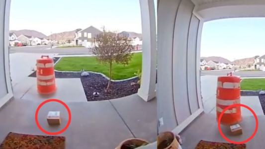 Insólito: "se vistió" de cono y robó un paquete de la puerta de una casa