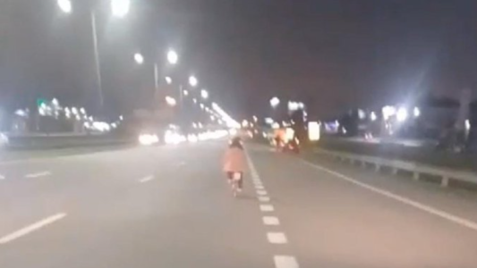 Una nena anduvo en bicicleta por la autopista Panamericana