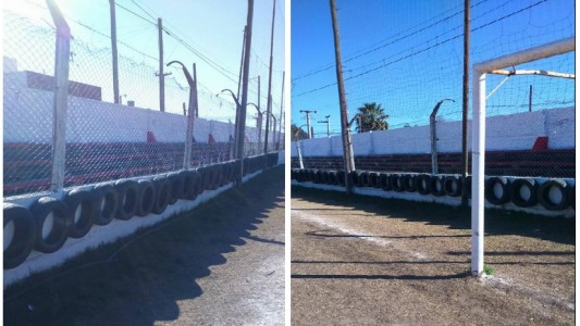Ante la falta de dinero, un club cordobés cubrió los muros de la cancha con neumáticos