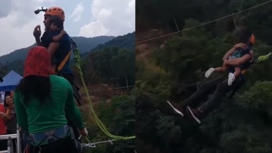 Padre hace bungee jumping con su hija en brazos sin protección y estallan las redes