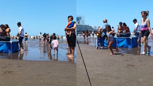 Insólita postal en Mar del Plata: armaron una pileta de lona en plena playa